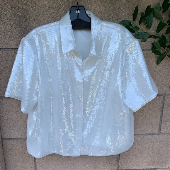 NWOT Cropped Short-Sleeve Shirt in Recycled Sequins - Picture 1 of 5